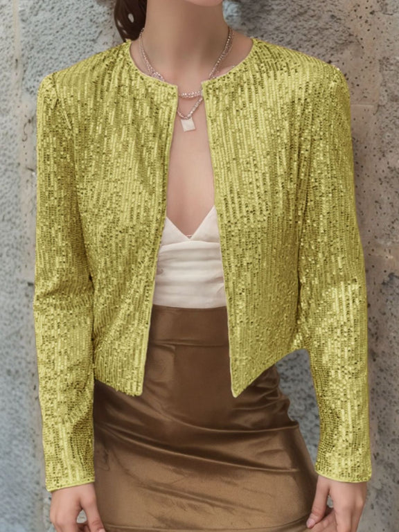 Full Size Sequin Open Front Cropped Jacket Gold