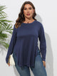 Plus Size Round Neck Long Sleeve Slit T-Shirt Peacock Blue