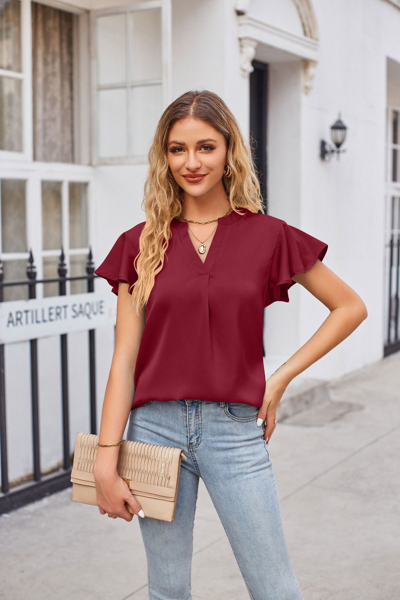 Notched Neck Flutter Sleeve Satin Top Burgundy