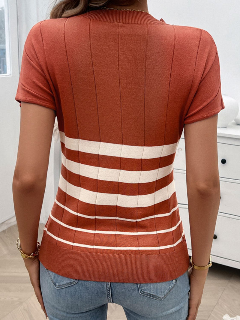 Devine Striped Round Neck Short Sleeve Knit Top