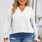 Plus Size Eyelet Notched Flounce Sleeve Blouse