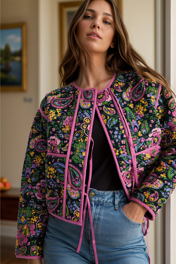 Tied Printed Long Sleeve Jacket Deep Rose