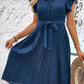 Tie Neck Belted Pleated Dress