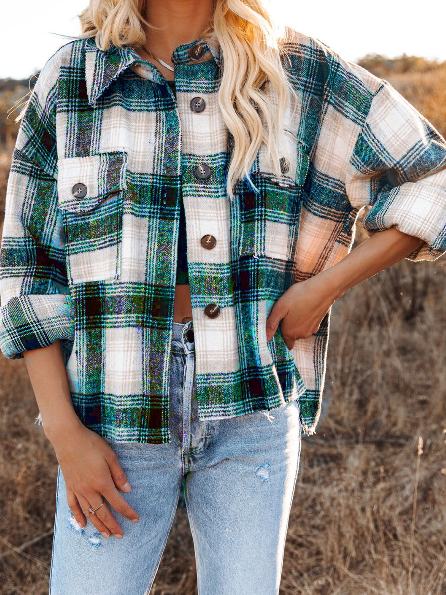 Pocketed Plaid Button Down Long Sleeve Shacket Dark Green