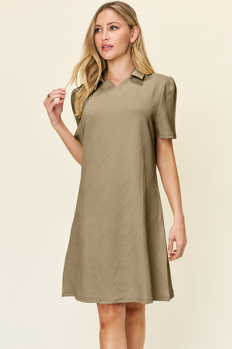 Double Take Full Size Texture Collared Neck Short Sleeve Dress Khaki
