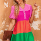 Color Block Buttoned Puff Sleeve Dress