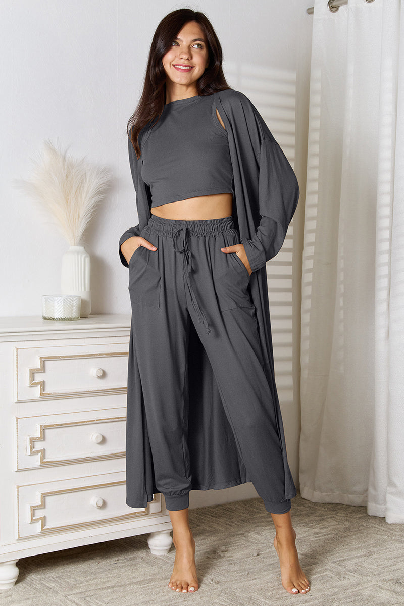 Tank, Pants, and Cardigan Set with Pockets Dark Gray