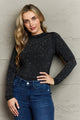 Rhinestone Round Neck Long Sleeve Bodysuit Black