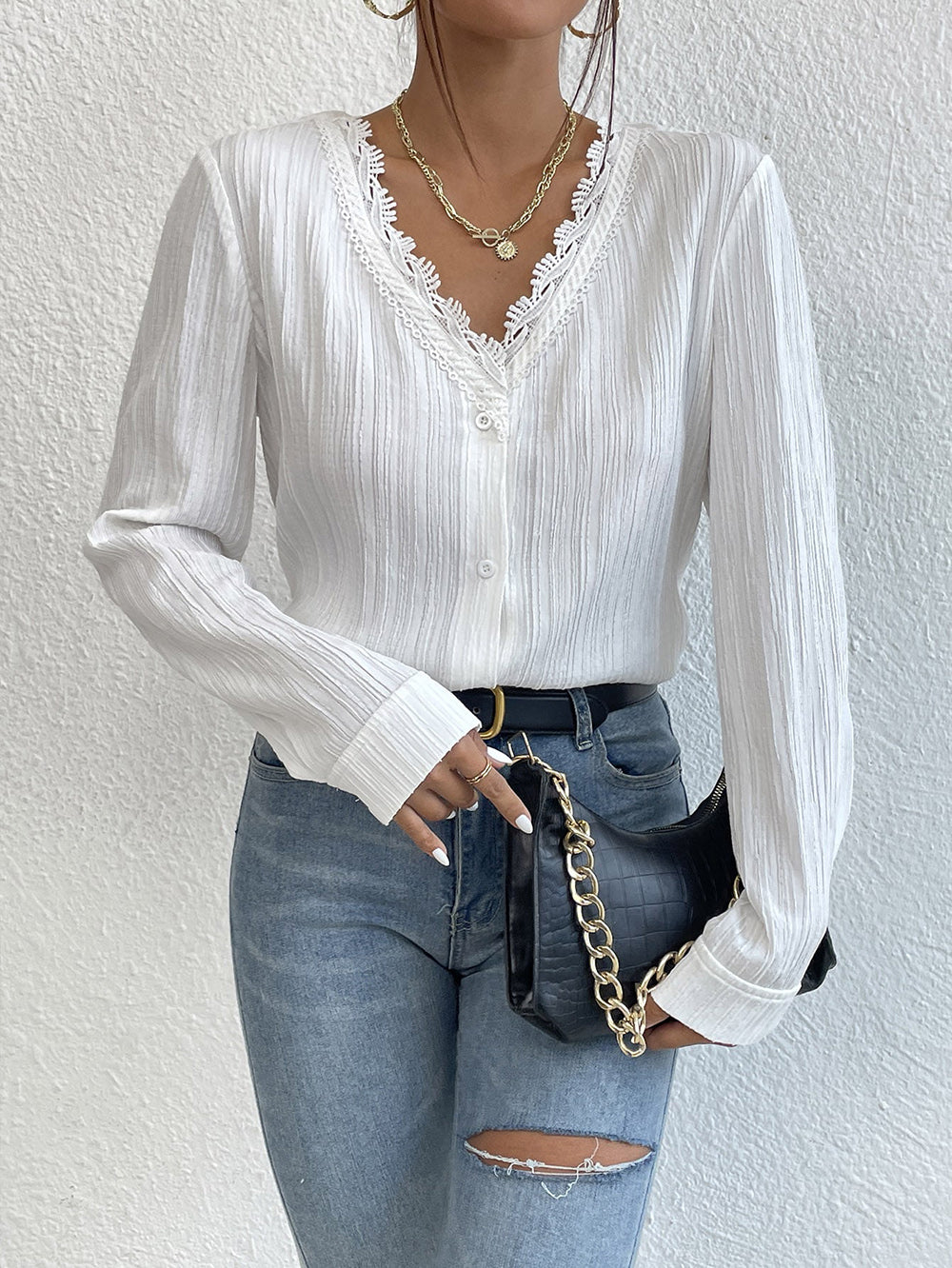 Ivy Lane Lace Trim V-Neck Long Sleeve Shirt