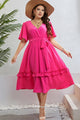Belted Frill Trim Flutter Sleeve Dress Hot Pink