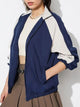 Contrast Zip Up Collared Neck Long Sleeve Jacket Dark Blue