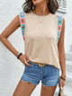 Perfee Crochet Trim Round Neck T-Shirt Tan
