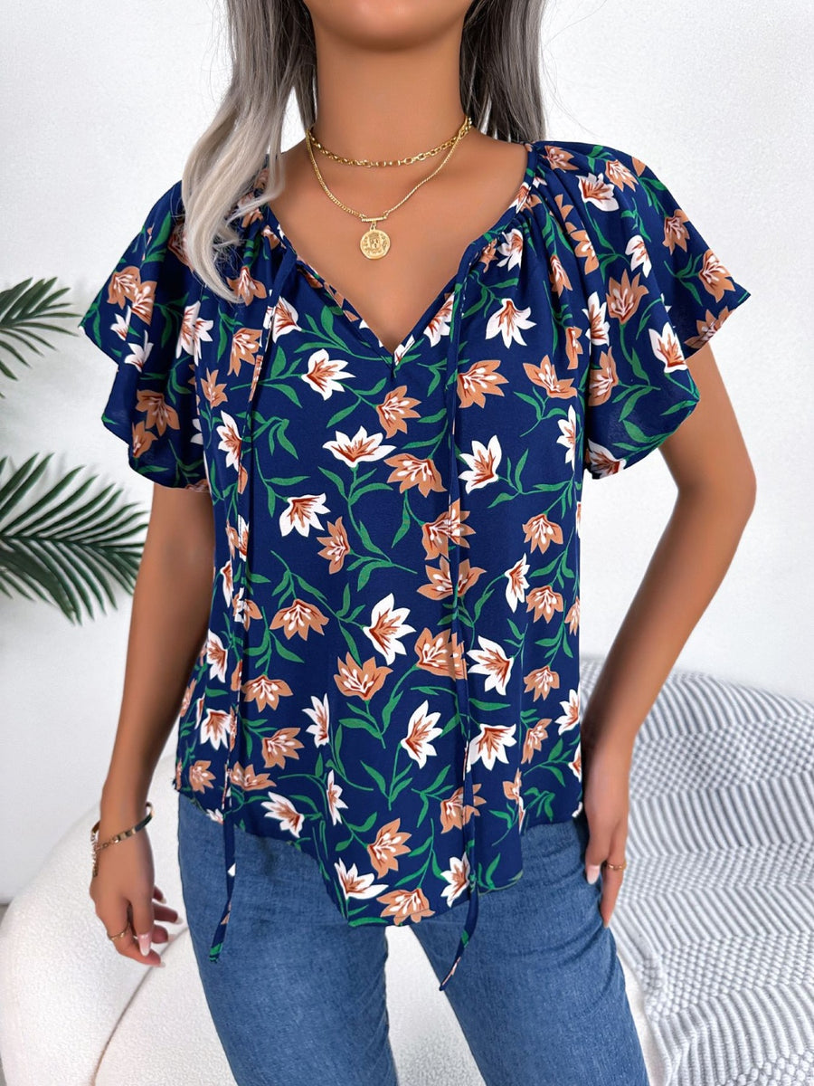 Floral Tie Neck Flutter Sleeve Blouse Dark Blue