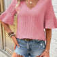 Textured V-Neck Flounce Sleeve Blouse