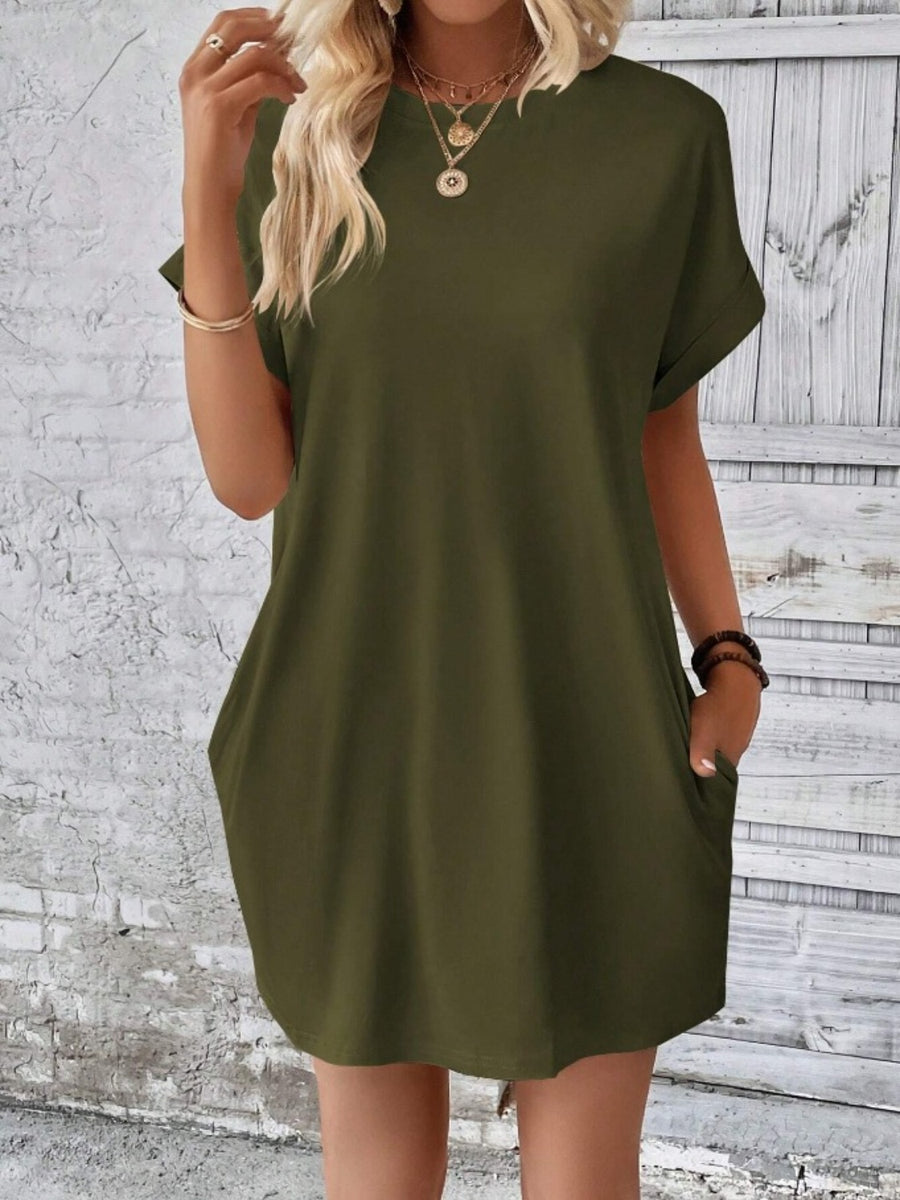 Pocketed Round Neck Short Sleeve Dress Army Green