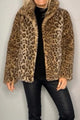 Full Size Leopard Furry Collared Neck Long Sleeve Coat Camel