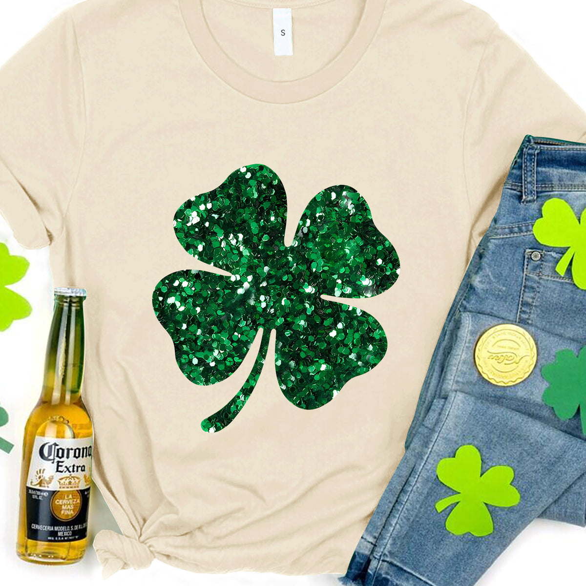 Lucky Clover Round Neck T-Shirt Light Yellow