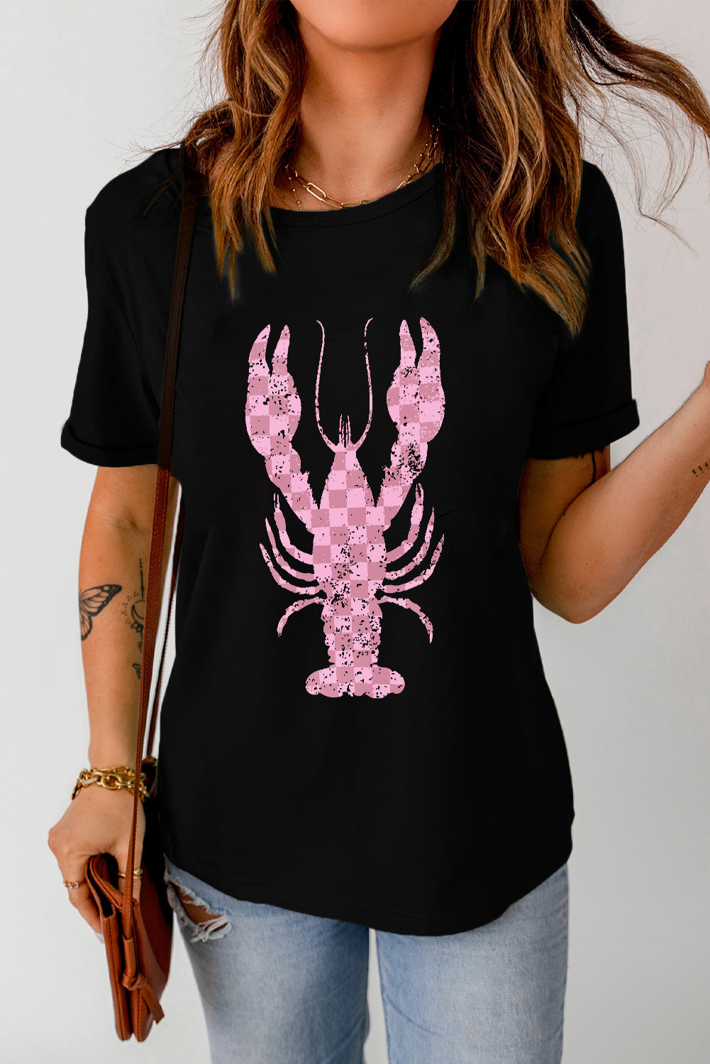 Checkered Lobster Graphic Round Neck Short Sleeve T-Shirt Black