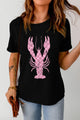Checkered Lobster Graphic Round Neck Short Sleeve T-Shirt Black