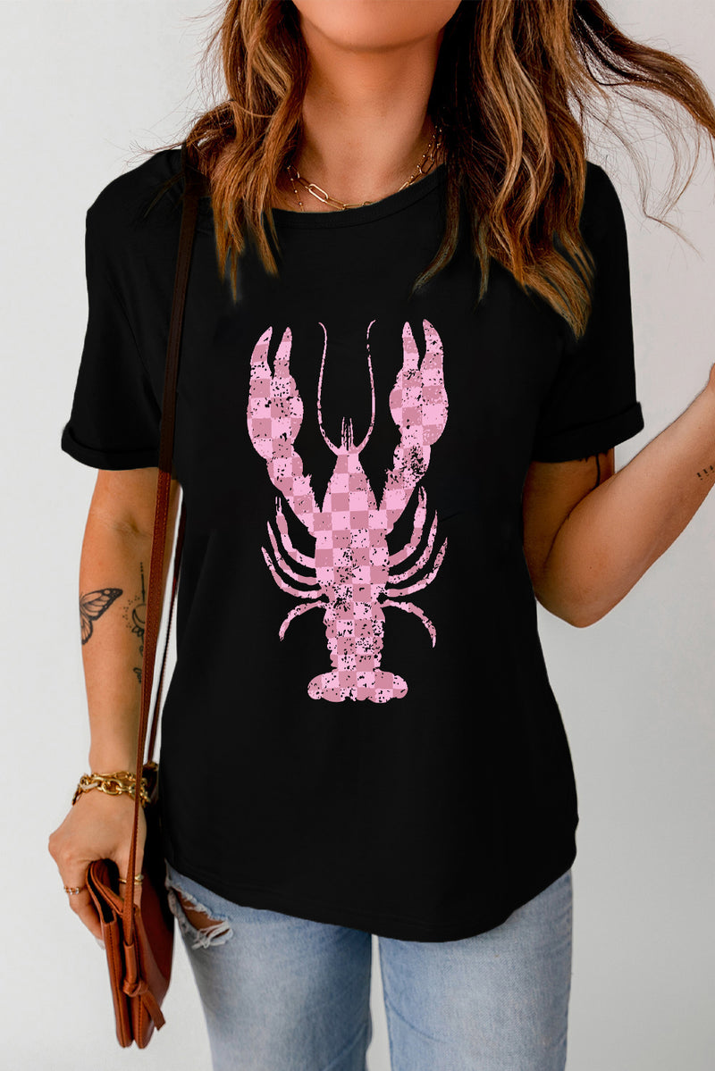 Checkered Lobster Graphic Round Neck Short Sleeve T-Shirt Black