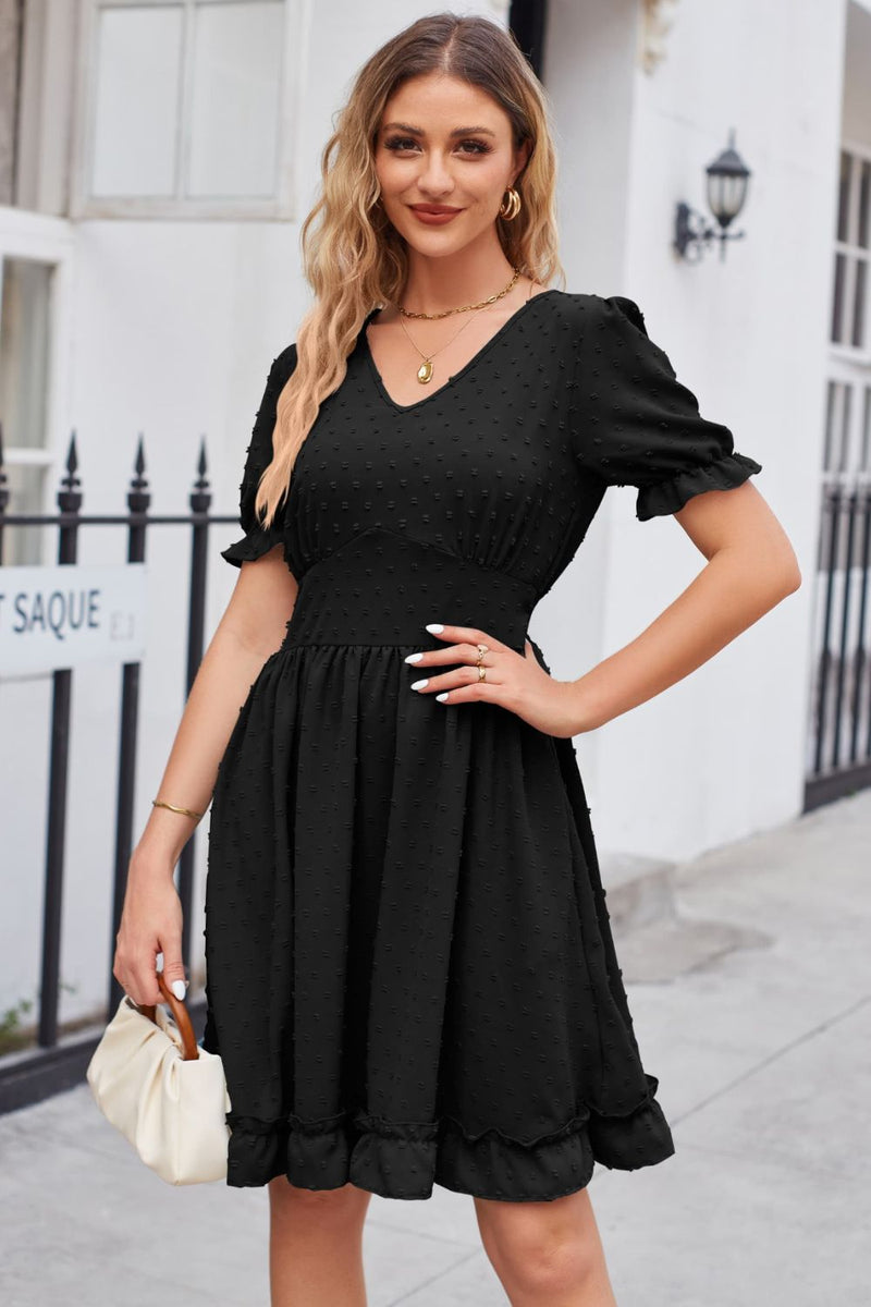Swiss Dot Frill Trim Flounce Sleeve V-Neck Dress Black