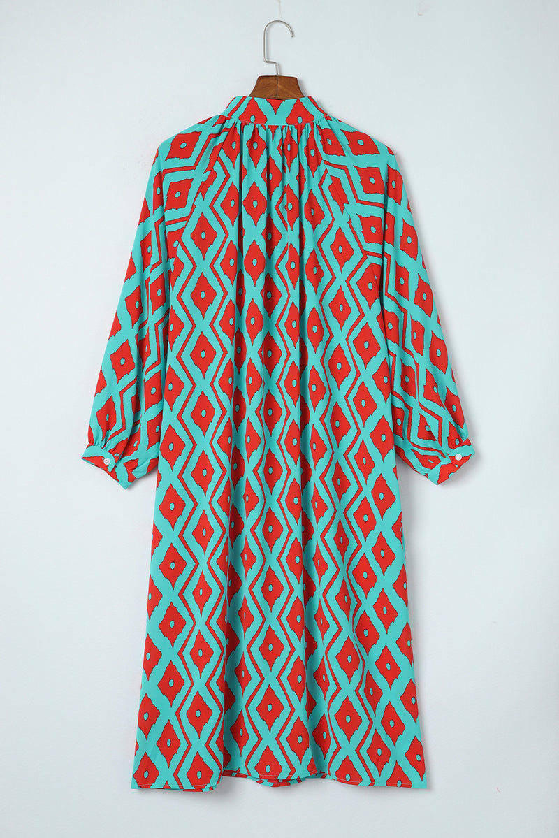 Printed Button-Down Mock Neck Dress