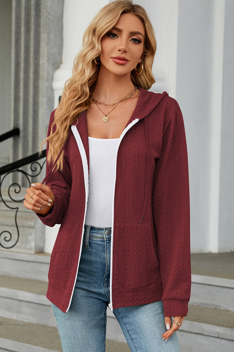 Drawstring Zip Up Long Sleeve Hoodie Burgundy