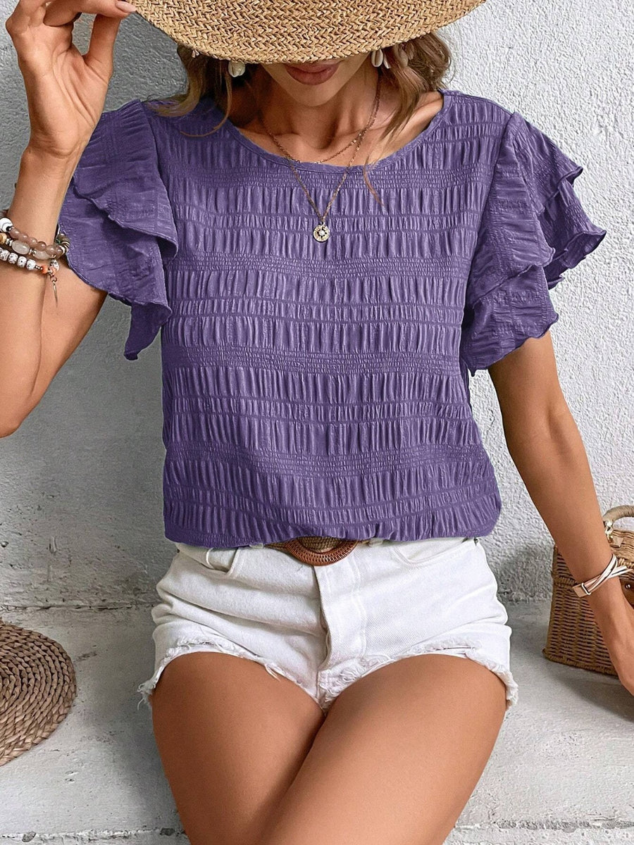 Round Neck Flounce Sleeve Blouse Mauve