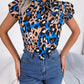 Leopard Tie Neck Cap Sleeve Blouse