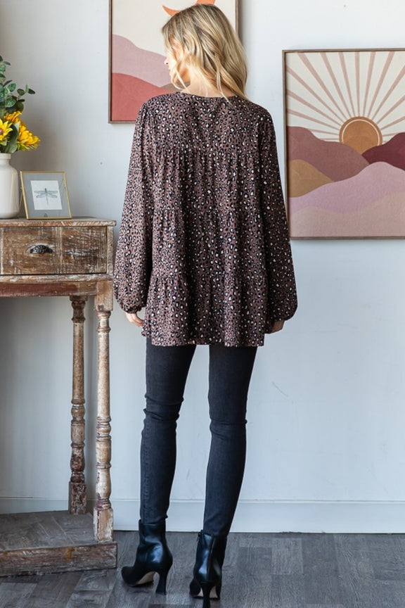 Heimish Leopard Long Sleeve Tiered Blouse
