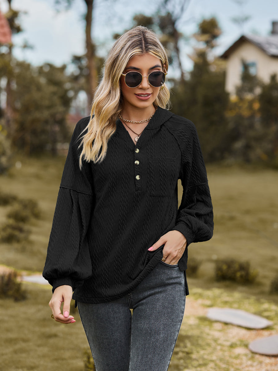Cable-Knit Dropped Shoulder Hoodie Black