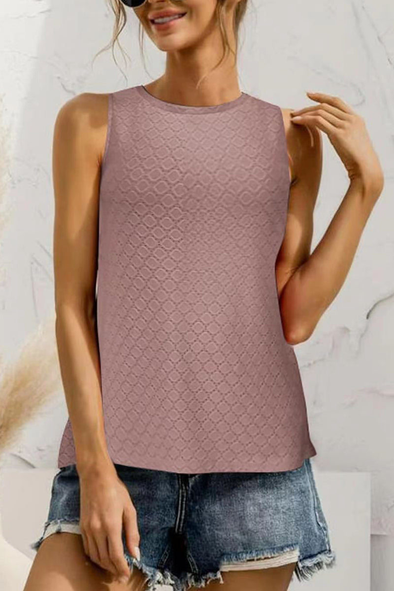 Eyelet Round Neck Tank Pink Purple