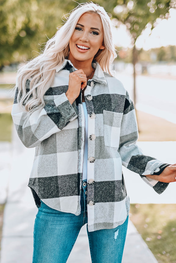 Plaid Button Up Dropped Shoulder Jacket Light Gray