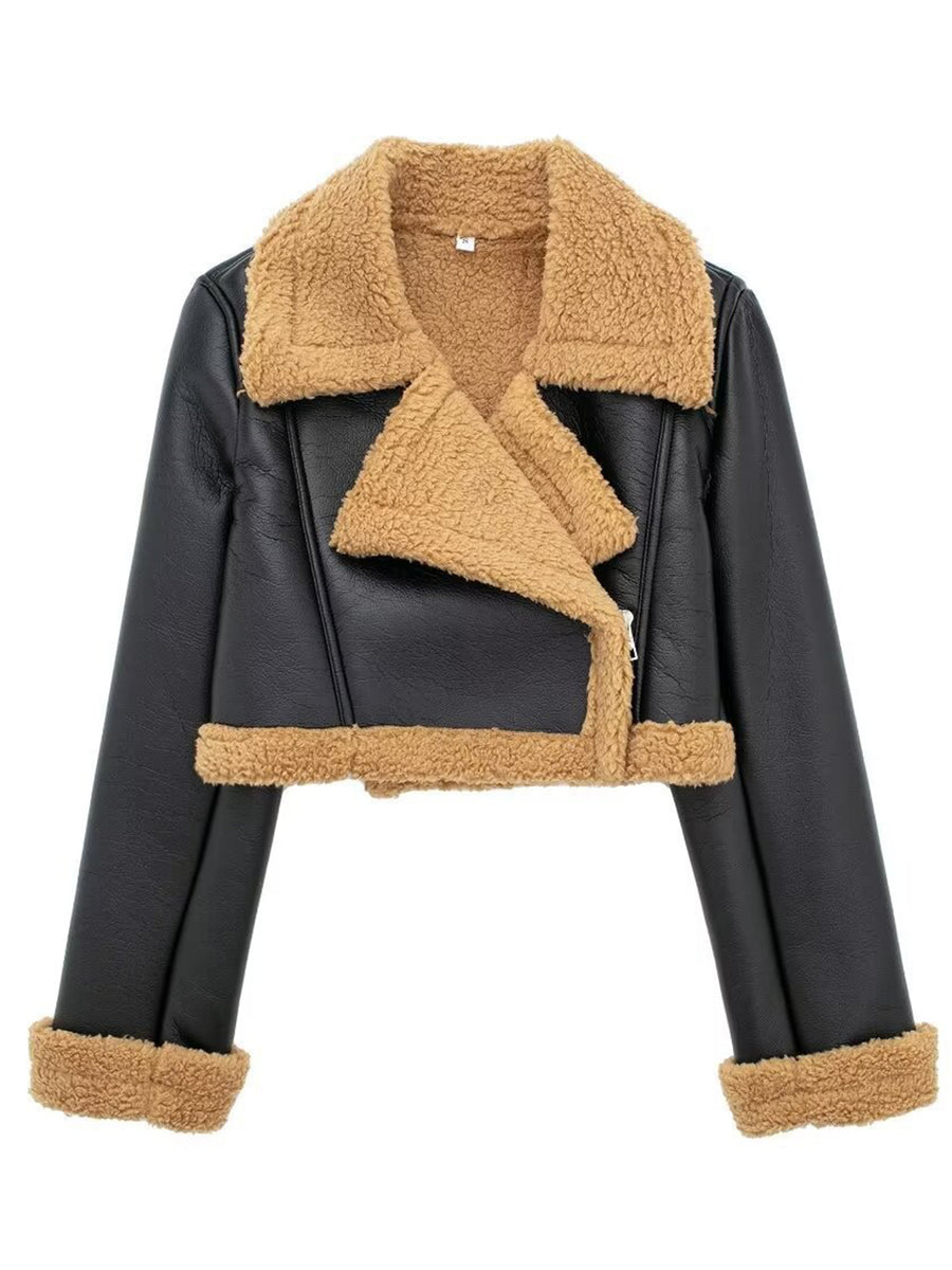 Collared Neck Long Sleeve Plush Cropped Jacket Black