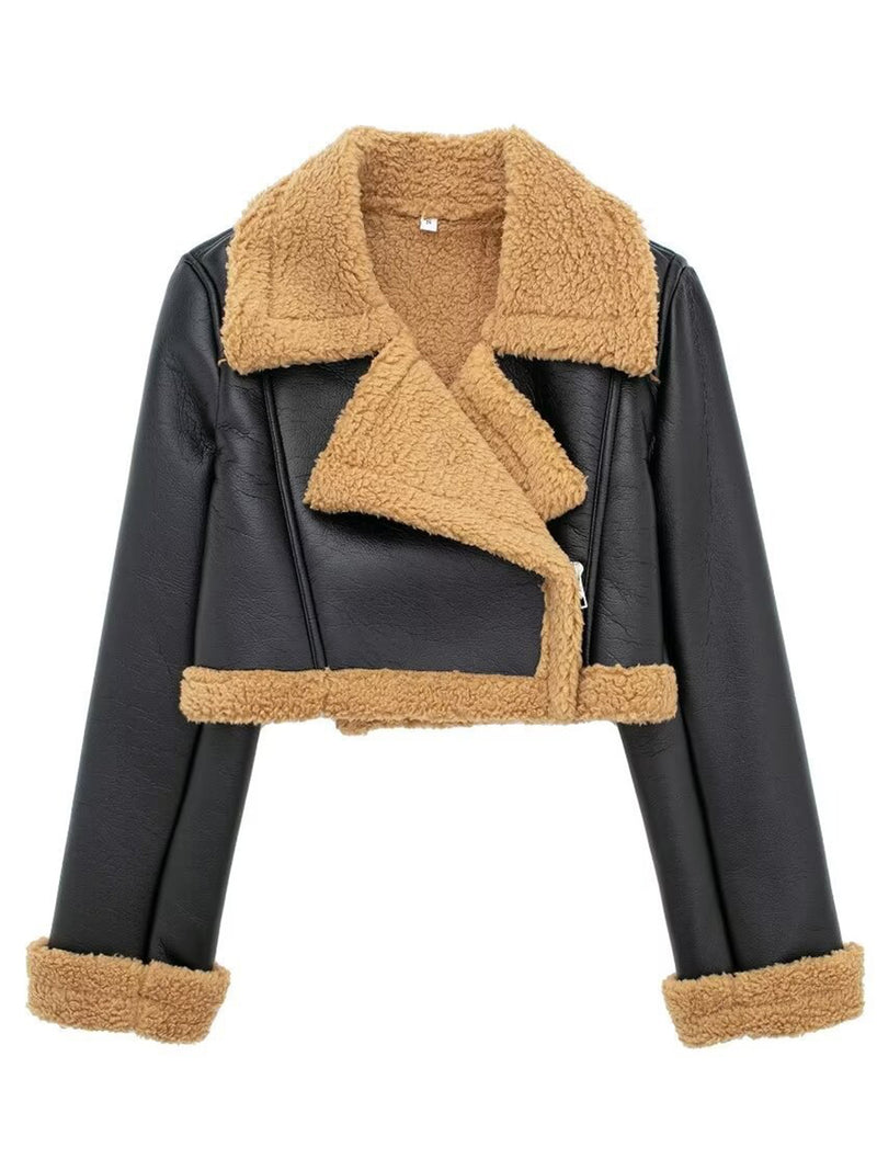 Collared Neck Long Sleeve Plush Cropped Jacket Black