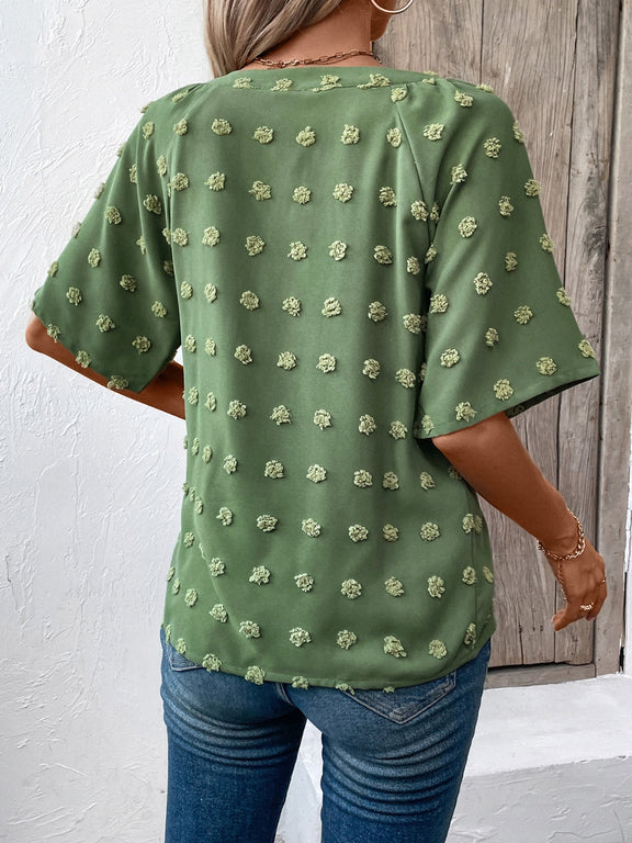 Ivy Lane Swiss Dot Notched Half Sleeve Blouse