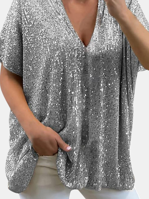 Full Size Sequin V-Neck Short Sleeve Top Silver
