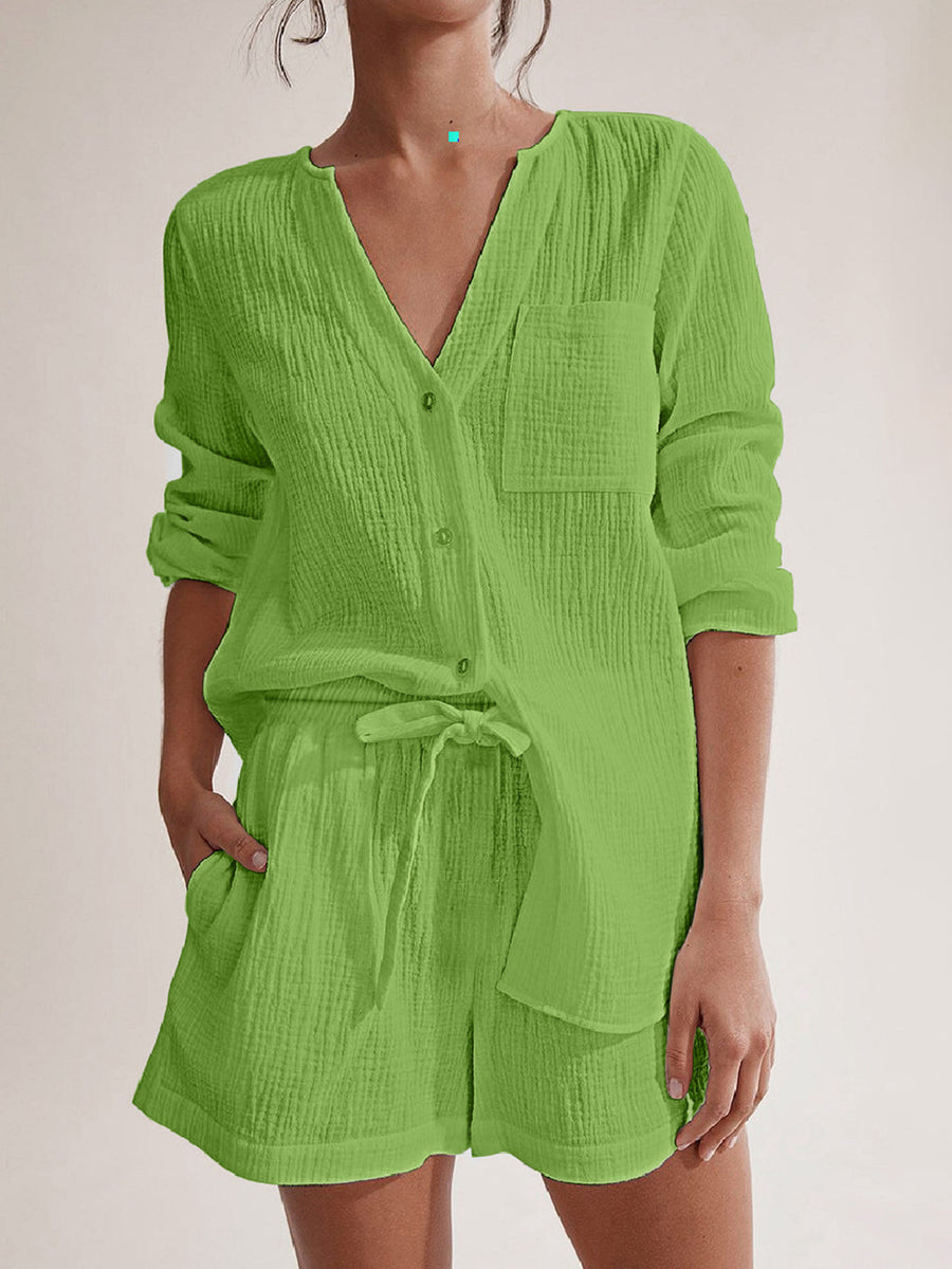 Notched Long Sleeve Top and Shorts Set Lime