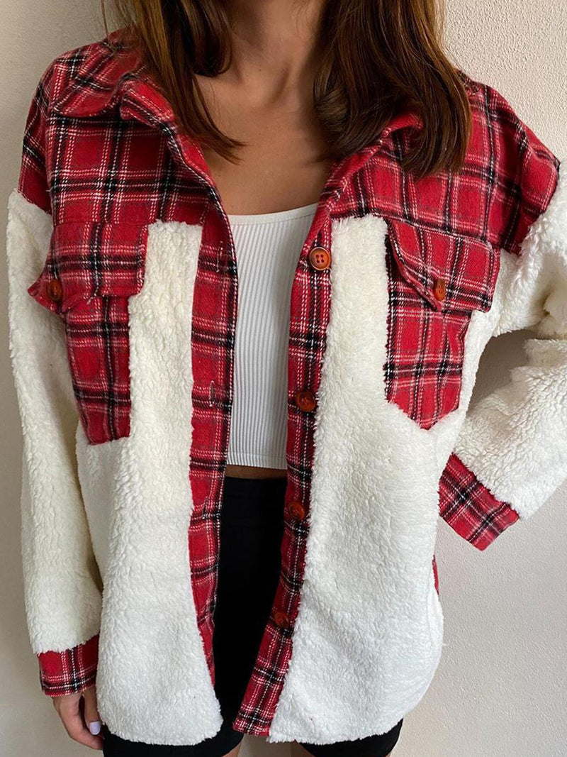Fuzzy Button Up Long Sleeve Jacket Deep Red