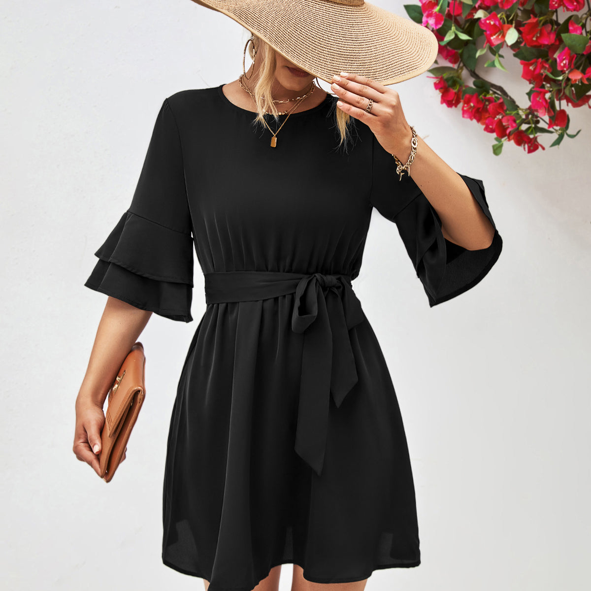 Round Neck Tie Belt Flounce Sleeve Dress Black