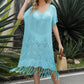 V-Neck Short Sleeve Fringe Hem Knit Dress