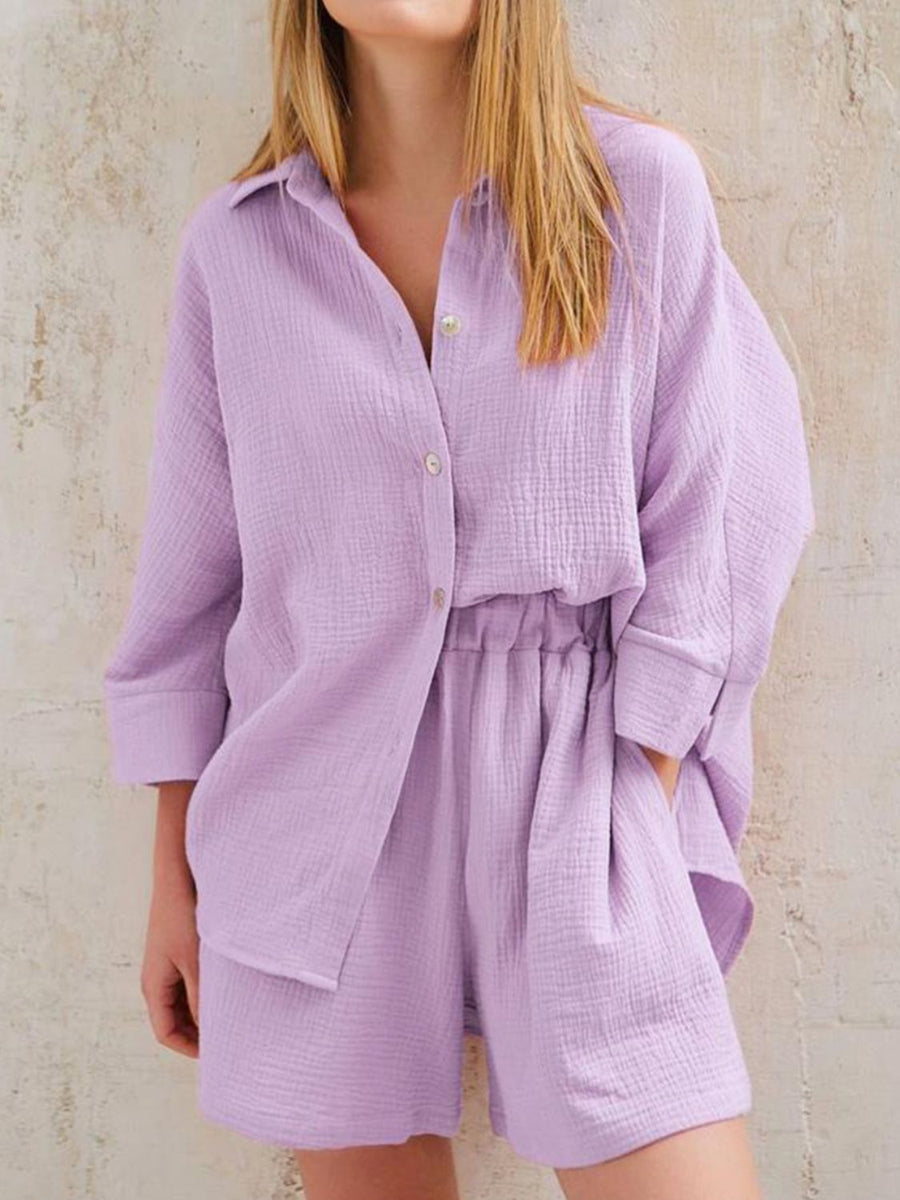 Texture Button Up Shirt and Shorts Set Lavender