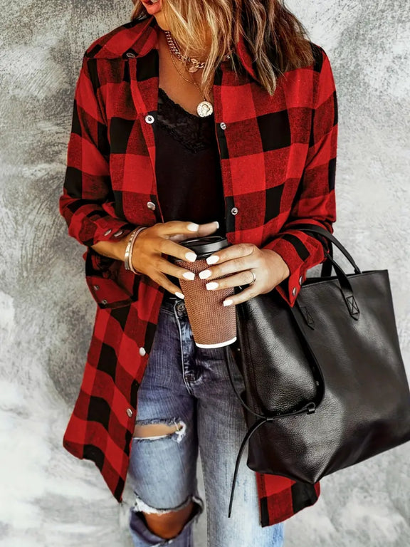 Plaid Collared Neck Snap Down Long Sleeve Jacket Deep Red