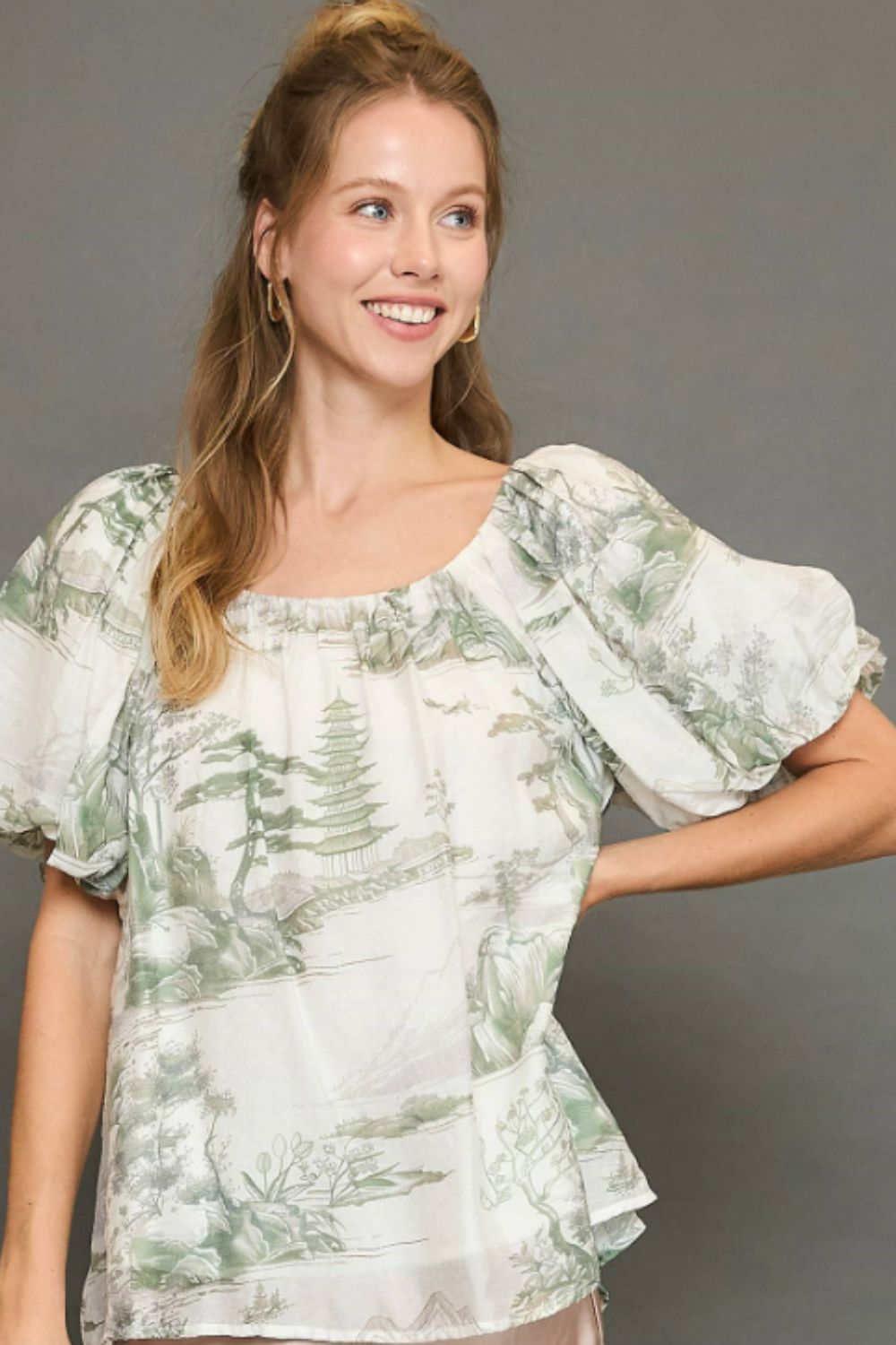 Umgee Full Size Two Tone Toile Print Top Plus Size Gum Leaf