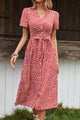 Ditsy Floral Button Front Tied Puff Sleeve Dress Deep Red
