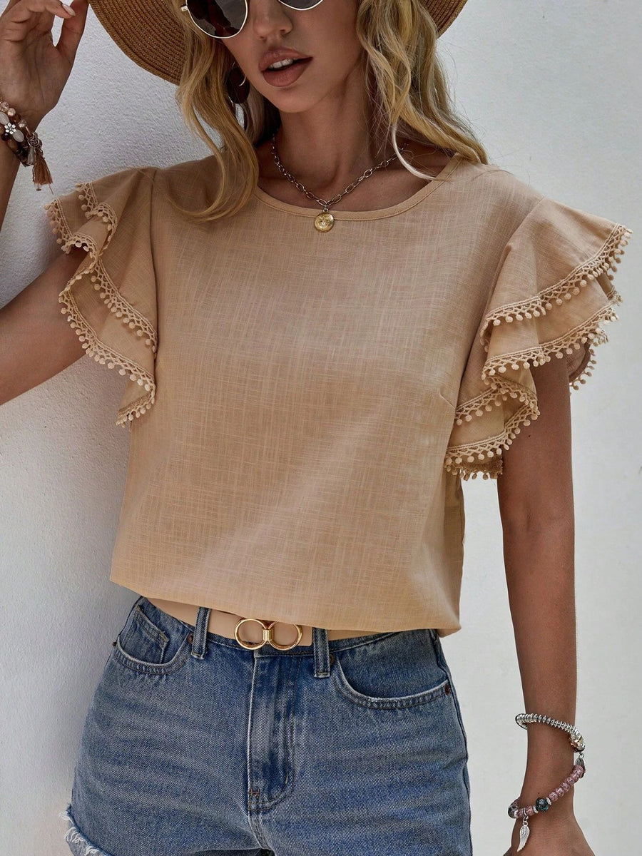 Ruffled Cap Sleeve Round Neck Blouse Khaki
