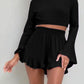 Round Neck Long Sleeve Top and Ruffled Shorts Set