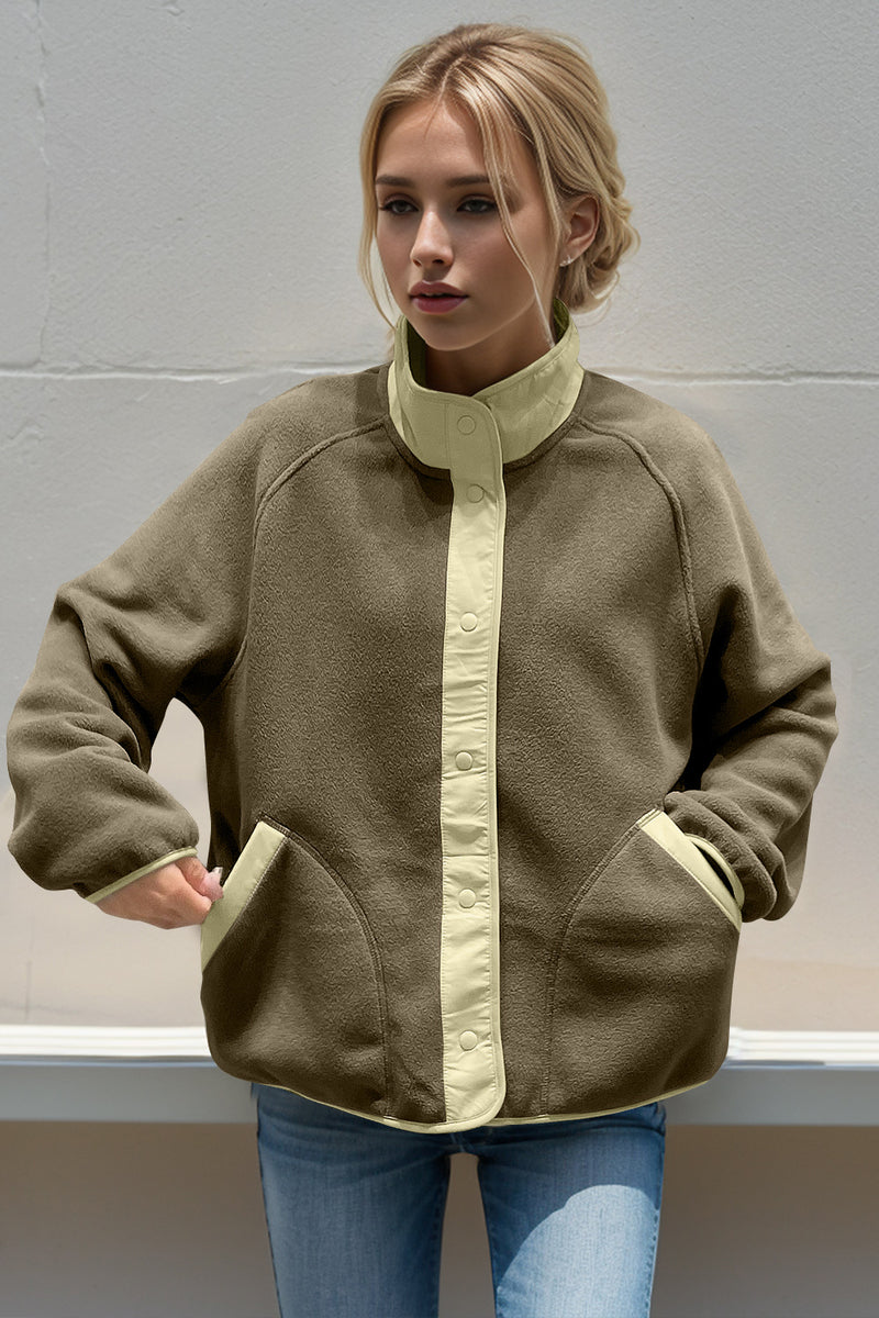 Double Take Snap Down Contrast Fleece Jacket with Pockets Moss One Size