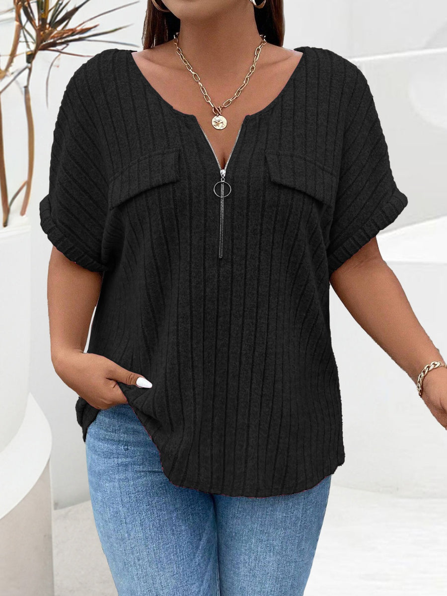 Plus Size Half Zip Short Sleeve T-Shirt Black