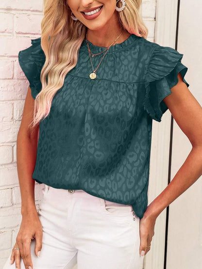 Leopard Frill Mock Neck Ruffled Cap Sleeve Top Deep Teal